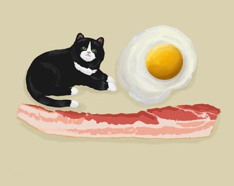 May include: An illustration of a black and white cat, a fried egg, and a strip of bacon. The cat is lying down with green eyes. The egg has a yellow yolk and white egg whites. The bacon is red and pink.