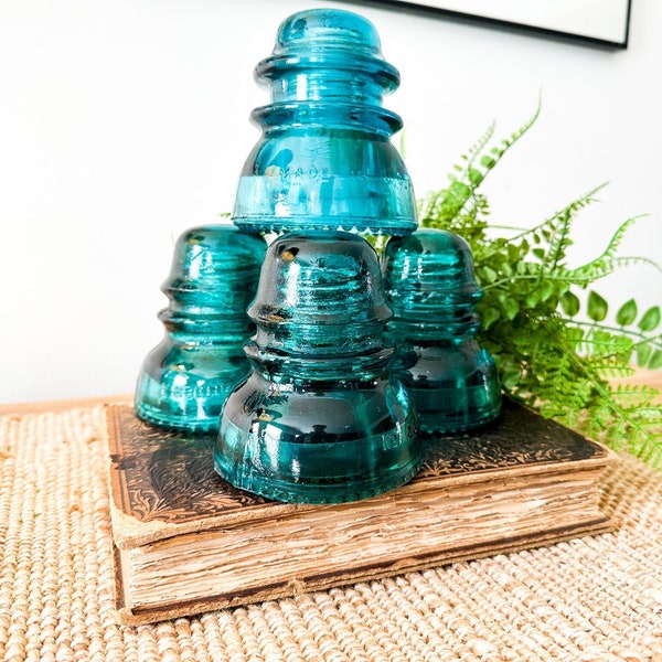 Vintage Teal Aqua Hemingray 40 & 42 Insulators, Set of 4, Upcycle Lighting, Man Cave Decor, Phone Memorabilia