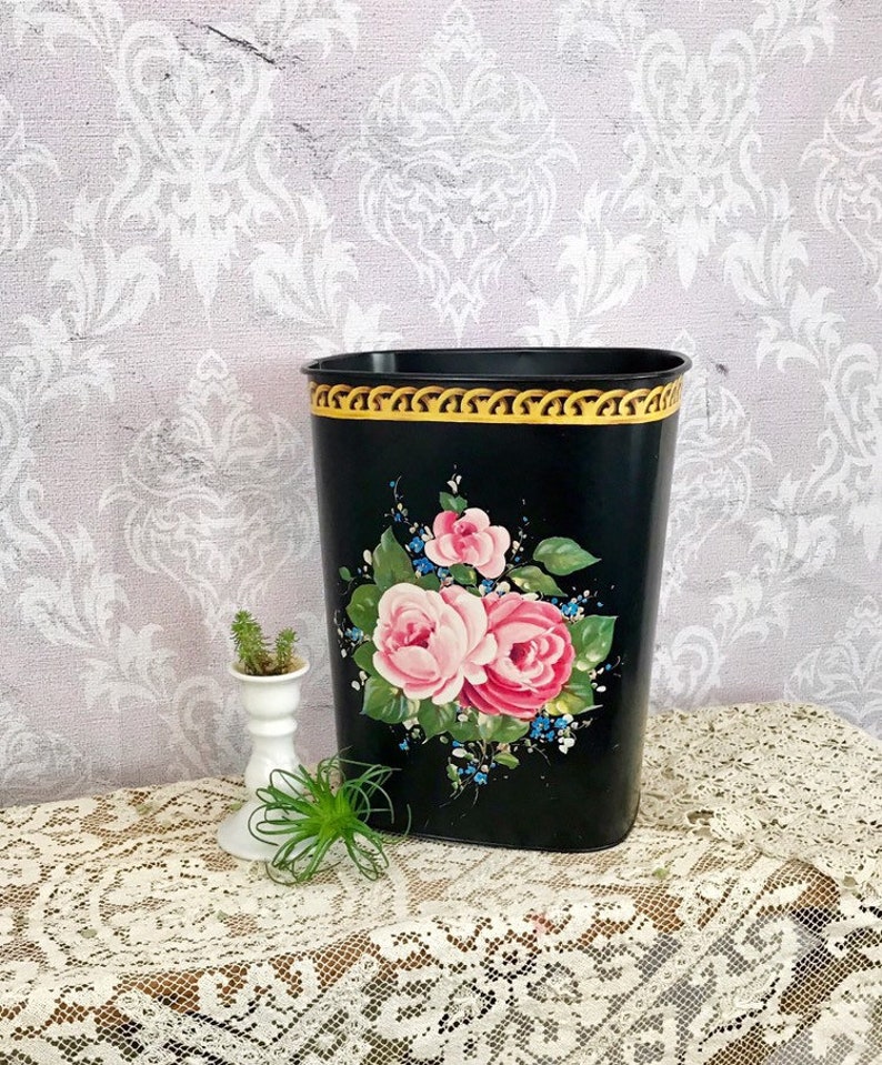 Vintage Black Trash Can Tole Retro Waste Image 0
