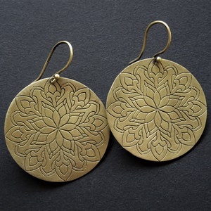 Large Boho Brass Flower Mandala Earrings, Gypsy,Hippie, Ethnic, Boho,Tribal Earrings, Etched Brass Dangle Earrings, Statement Earrings