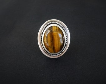 Tigers Eye Gemstone Silver Ring Size US8, Handmade, Healing Crystal Ring, Women Boho Stetement Ring, One of a kind, Spiritual Jewelry