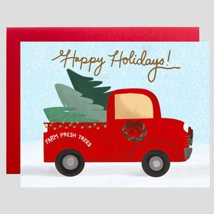 BIGLIETTI DI NATALE, Biglietto di camioncino vintage, Biglietto di fattoria con alberi di Natale, Biglietto di buone feste, Biglietto di albero di Natale, Biglietto di buon Natale