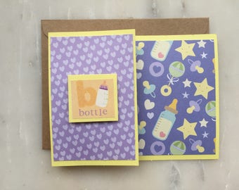 Baby Card - Handmade Baby Card, Baby Shower Card, Cute Baby Card, Newborn Card, Baby Bottle, Rattle Card