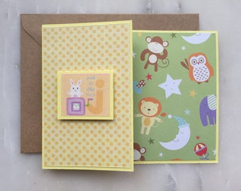 J/Jack in the Box Baby Card - A2, Handmade, Artisan, Monkey, Elephants, Baby, Newborn, Z Shaped Card, Polka Dots