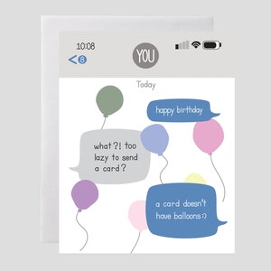 Verjaardagskaart grappig sms-bericht - verjaardagstekst, smartphone verjaardagstekst, techneutverjaardag, technologieverjaardagskaart, verjaardagskaart ballonnen