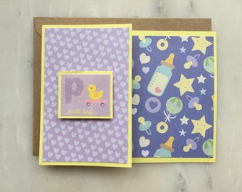 P/Pull Toy Baby Card - A2, Handmade, Artisan, Baby, Newborn, Z Shaped Card, Hearts, Bottle