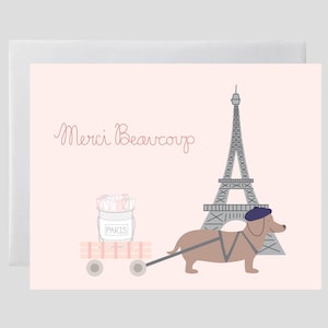 Carte de remerciement - carte teckel, chien parisien, Merci Beaucoup, roses, tour Eiffel, carte de remerciement Paris