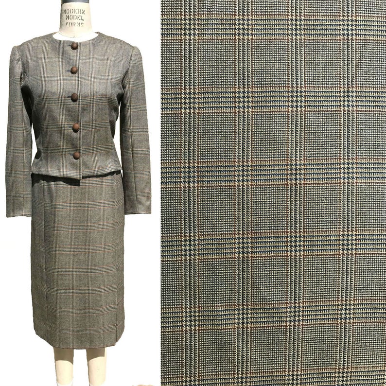 Blue Beige Burgundy Plaid Wool Suiting By the Yard