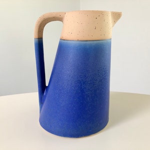 Modern Blue and Tan Ceramic Pitcher / Watering Can / Vase image 2
