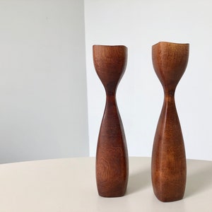 Vintage Danish Style Teak Wood Candlestick Set