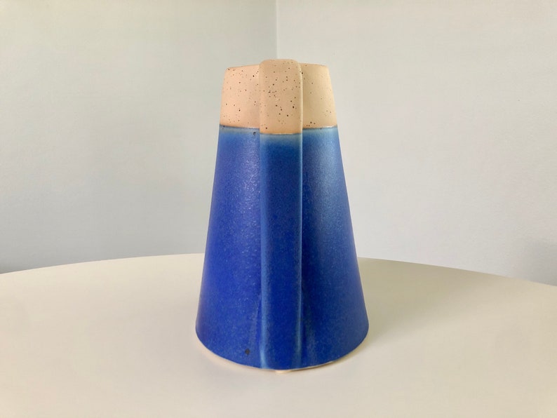 Modern Blue and Tan Ceramic Pitcher / Watering Can / Vase image 5