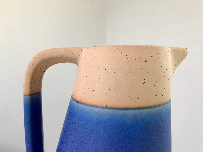 Modern Blue and Tan Ceramic Pitcher / Watering Can / Vase image 6