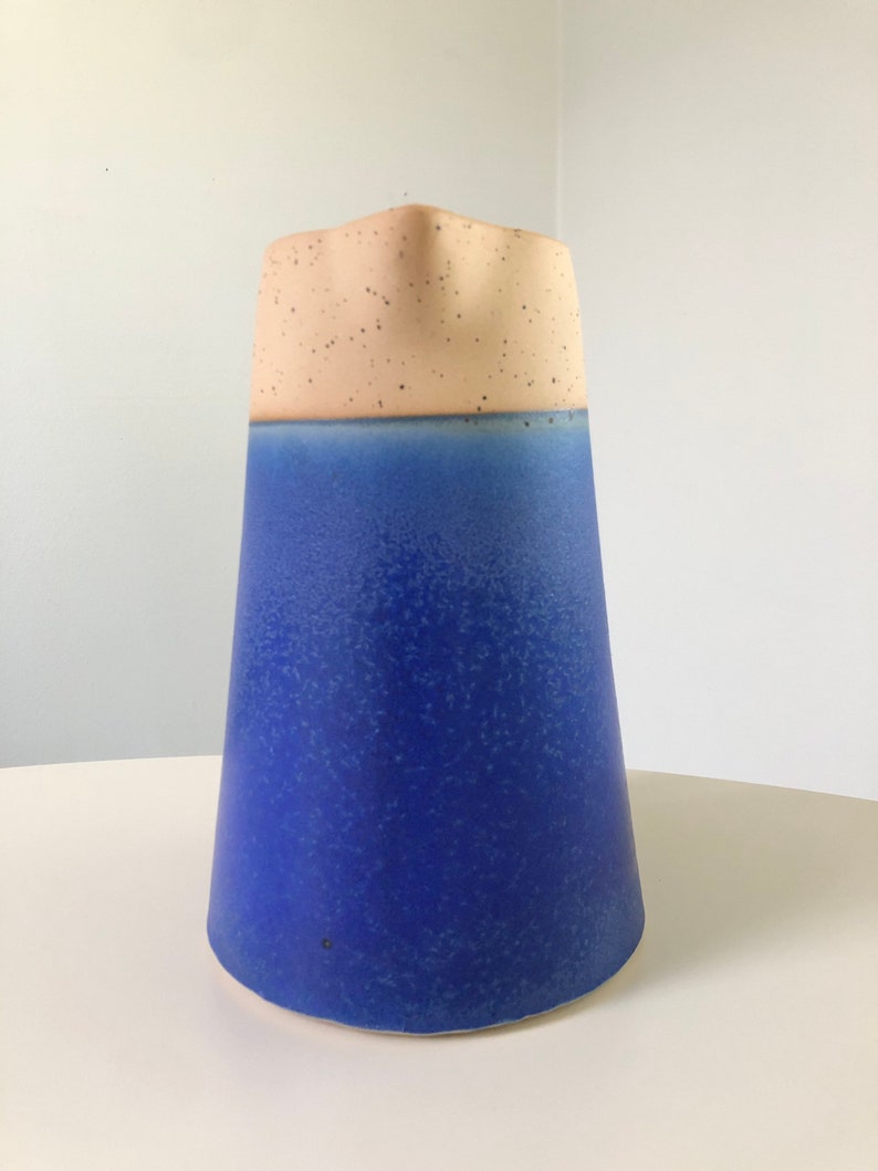 Modern Blue and Tan Ceramic Pitcher / Watering Can / Vase image 3
