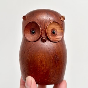May include: A wooden owl figurine with large, round eyes. The owl is carved from a dark brown wood and has a smooth, polished finish.