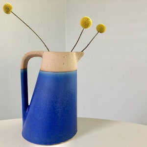 Modern Blue and Tan Ceramic Pitcher / Watering Can / Vase image 1