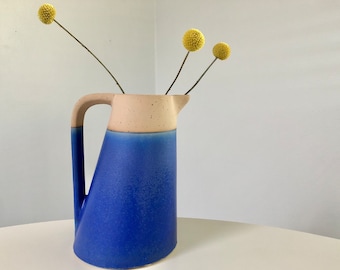 Modern Blue and Tan Ceramic Pitcher / Watering Can / Vase