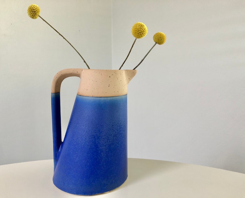 Modern Blue and Tan Ceramic Pitcher / Watering Can / Vase image 1