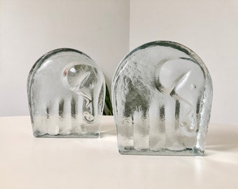 Vintage Blenko Joel Myers Clear Glass Elephant Bookends
