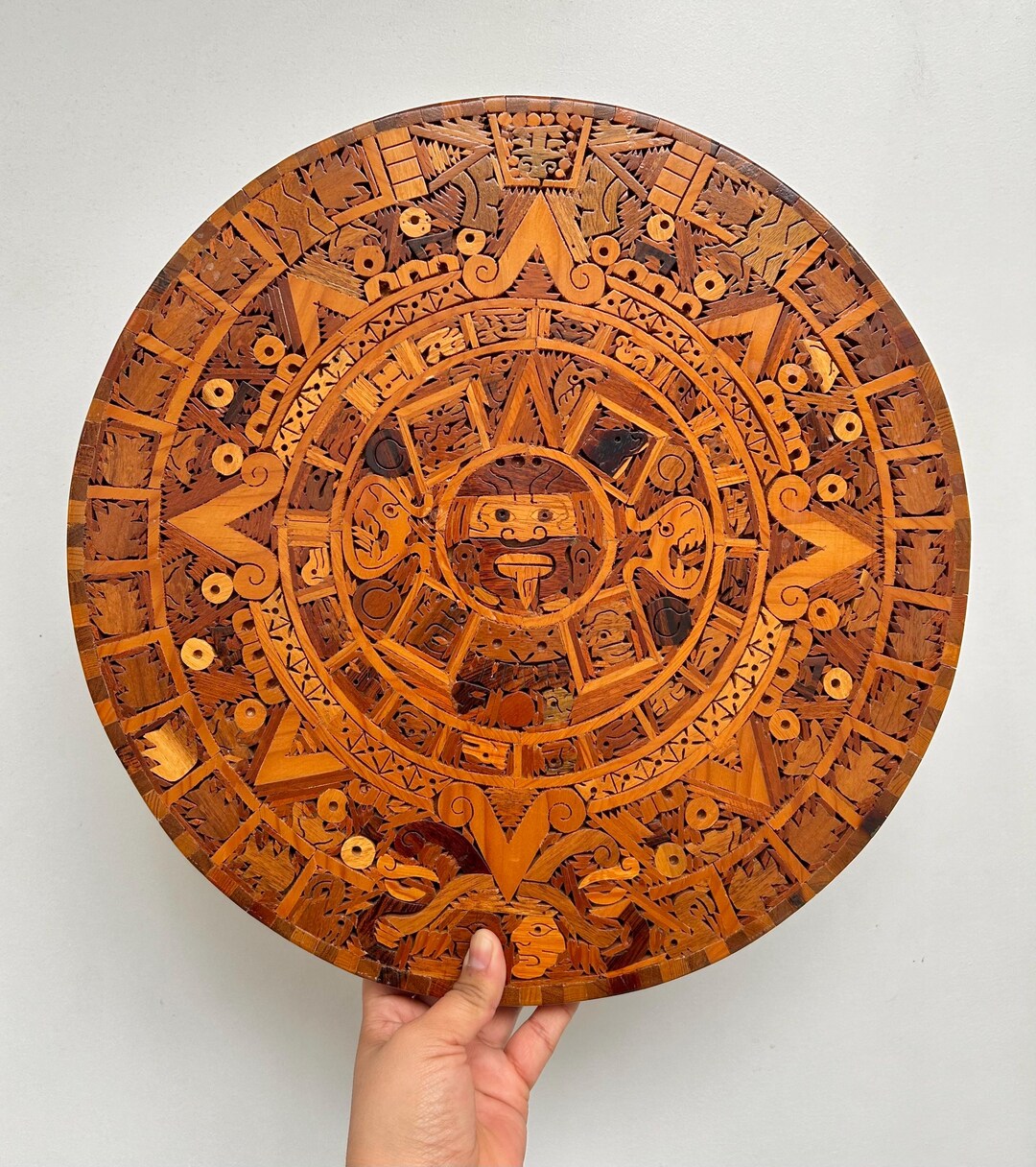 Vintage Handmade Wooden Cuauxhicalli / Aztec Calendar Wall Medallion ...