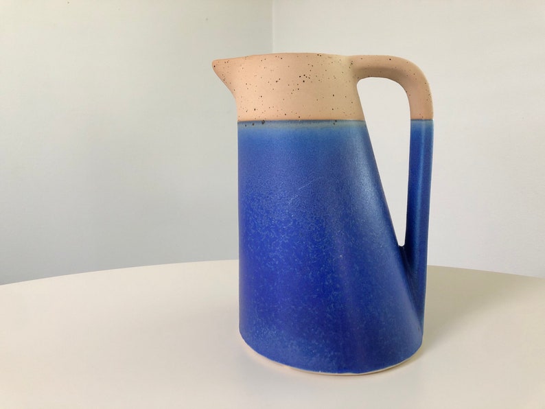 Modern Blue and Tan Ceramic Pitcher / Watering Can / Vase image 4