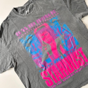 May include: Gray t-shirt featuring a vibrant graphic of David Bowie with the text "Stardust and the Spiders from Mars." The design uses pink and blue hues, with stars and text in a contrasting color.