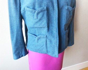 Miss Tippi Hedren | 1960s Blue Long Sleeved Womens Blazer with Interesting Scalloped Pockets Well Constructed Unique Interesting Size 9