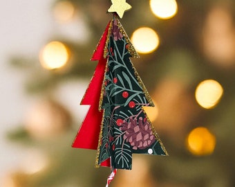 Christmas Tree Ornament Kit (makes 5). DIY festive paper tree decorations. Simple Family Craft Set to make your own glittering paper trees.