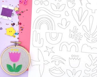 Abstract Embroidery Patterns. Boho designs for hand stitching. Iron on shapes and doodles for fabric. A4 size sheet of embroidery transfers