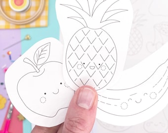 14 cute fruit embroidery transfers. Fun fruit patterns with faces for hand embroidery.