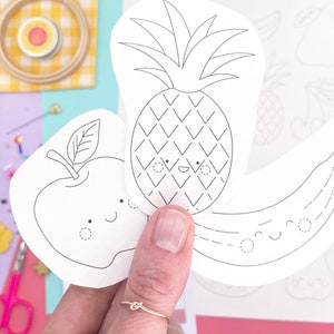 14 cute fruit embroidery transfers. Fun fruit patterns with faces for hand embroidery.