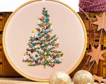 Christmas Light: Full Embroidery Kit, Festive Beaded Sewing Kit. Easy Modern Design Craft Kit. Christmas tree with candles beads and sequins