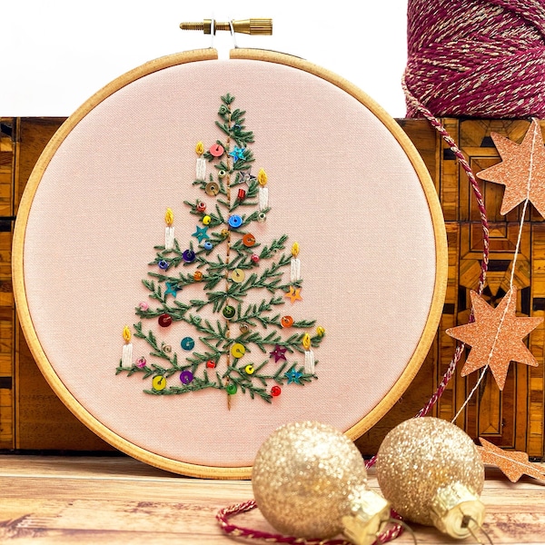 Christmas Light: Full Embroidery Kit, Festive Beaded Sewing Kit. Easy Modern Design Craft Kit. Christmas tree with candles beads and sequins