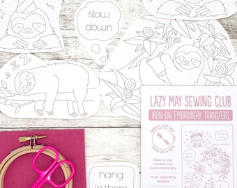 Sloth Embroidery Iron-On Transfers, Beginner Patterns