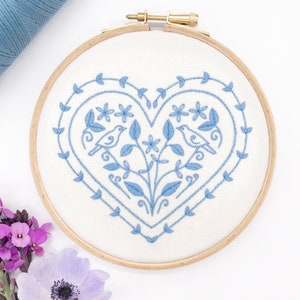 Full Embroidery Kit: Hearts & Birds Blue, Romantic Floral Sewing Kit. Easy Modern Design Ideal for Beginners. Mother's Day Gift.