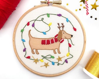Christmas Dog: Embroidery Kit. Cute DIY Festive Hoop Kit. Holiday Decoration Embroidery Pattern. Dachshund embroidery kit.