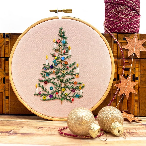 Christmas Tree Embroidery Kit: Modern Beaded Design on Pastel Pink Fabric