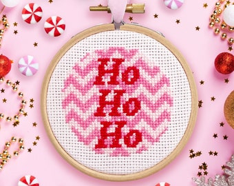 Full Kit - Christmas Cross Stitch Kit. Modern festive ornament craft kit. Pink themed DIY hoop decoration. Perfect to hang on the tree.