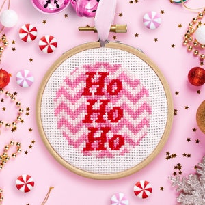 Full Kit Christmas Cross Stitch Kit. Modern festive ornament craft kit. Pink themed DIY hoop decoration. Perfect to hang on the tree. image 1