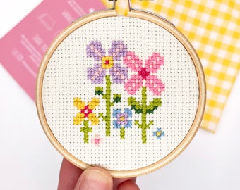 Mini Cross Stitch Kit: Floral Design, Beginner Craft with 3" Hoop