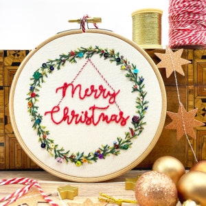 Merry Christmas Embroidery Kit. Festive wreath design, beads & sequins. Easy beginners kit, full clear instructions. Perfect stocking filler