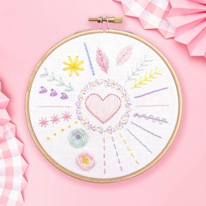 Beginner Embroidery Sampler – Learn 13 Stitches – Easy Hand Embroidery Kit with Hoop – Pastel Floral DIY Craft Gift for Adults
