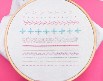 Easy Embroidery Kit, learn 12 decorative embroidery stitches. Printed fabric and full instructions, easy complete craft kit for beginners.