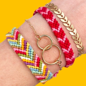 Handmade knotted friendship bracelets styled with gold jewellery. Bracelet making kit for crafters, kids, and DIY jewellery lovers.