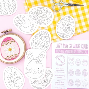 Easter Egg & Bunny Embroidery Iron-On Transfers, 9 Designs (A4 Sheet)
