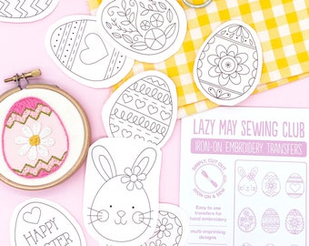 Easter Embroidery Patterns, 9 iron on embroidery transfers. Easter egg and bunny embroidery designs for hand embroidery. A4 sheet.