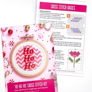 Full Kit Christmas Cross Stitch Kit. Modern festive ornament craft kit. Pink themed DIY hoop decoration. Perfect to hang on the tree. image 5