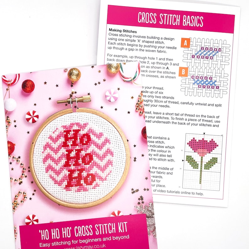 Full Kit Christmas Cross Stitch Kit. Modern festive ornament craft kit. Pink themed DIY hoop decoration. Perfect to hang on the tree. image 5