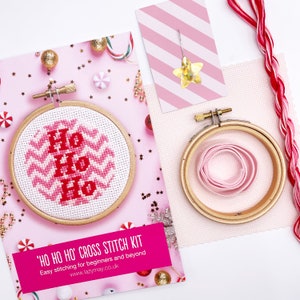 Full Kit Christmas Cross Stitch Kit. Modern festive ornament craft kit. Pink themed DIY hoop decoration. Perfect to hang on the tree. image 3