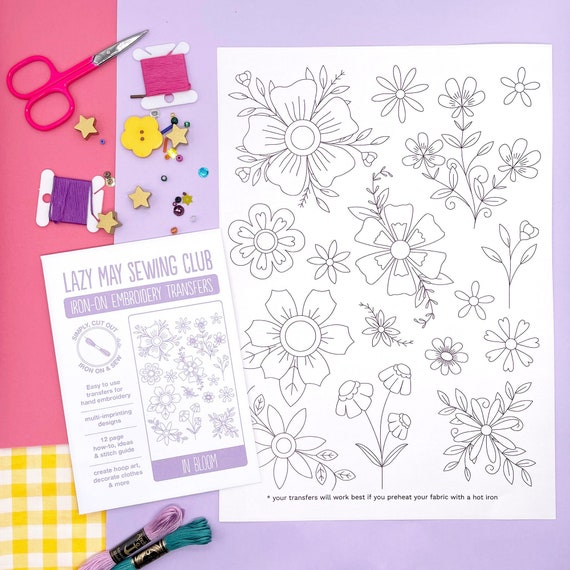 10 Flower Embroidery Transfers. Large Floral Pattern for Hand Stitching. A4  Sheet of Flower Templates to Iron on to Fabric. 