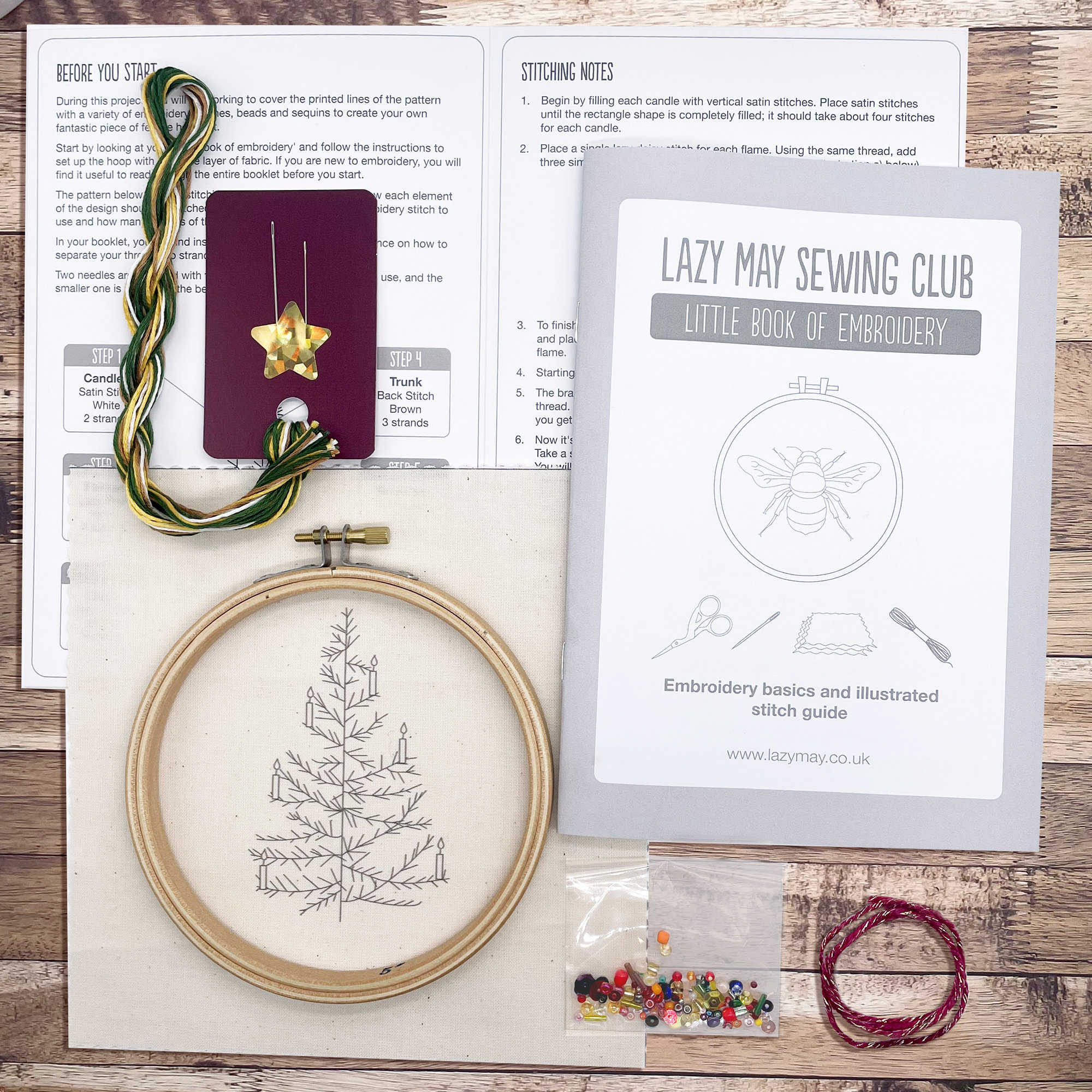Christmas Light: Festive Embroidery Kit. Simple Christmas tree design with beads sequins, easy modern craft. Add a festive gift set.